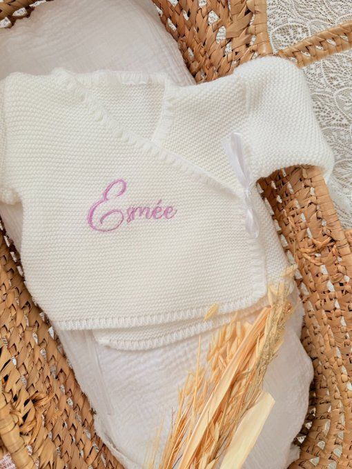 Brassière brodée blanche effet tricot avec nœud satiné